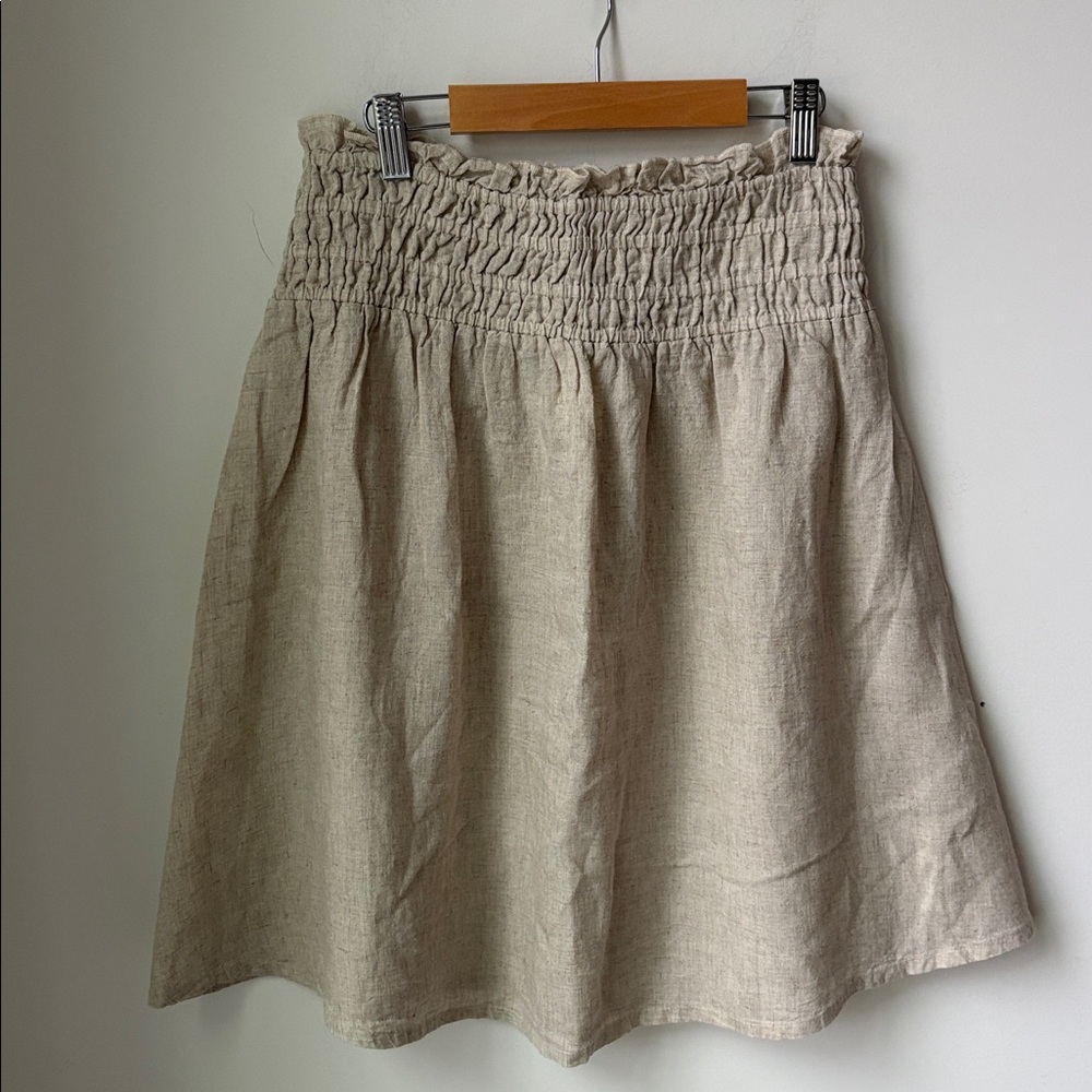 NWT Anthropologie Linen Blend Smocked Skirt Neutral Stretch Waist Boho Size XS/S